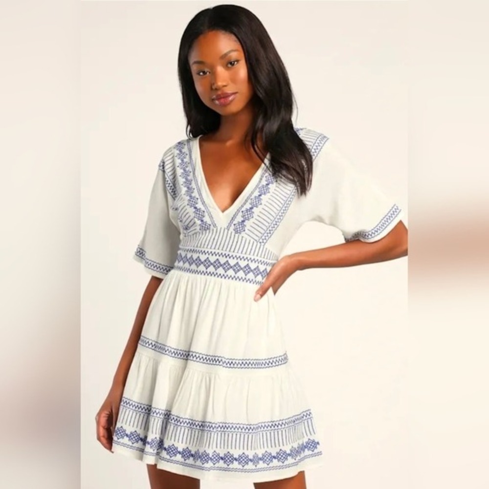 Lulus Gone to Greece White Embroidered Short Sleeve Mini Dress Size L Bohemian
